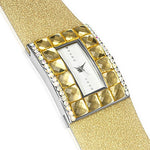 Fashion Alloy Yellow Gold-Tone White Multicolor CZ Rectangle Face Womens Watch