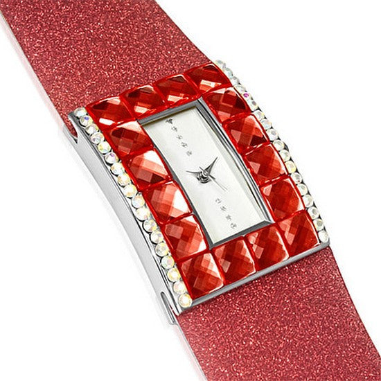 Fashion Alloy Red White Multicolor CZ Rectangle Face Womens Watch