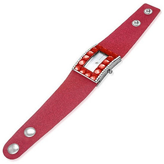 Fashion Alloy Red White CZ Rectangle Face Womens Watch