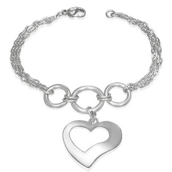 Stainless Steel Silver-Tone Love Heart Charm Womens Link Chain Bracelet