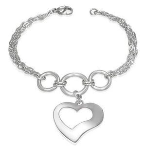Stainless Steel Silver-Tone Love Heart Charm Womens Link Chain Bracelet