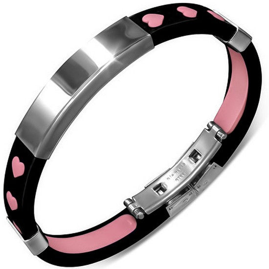 Stainless Steel Black Pink Rubber Silicone Silver-Tone Love Heart Womens Bracelet