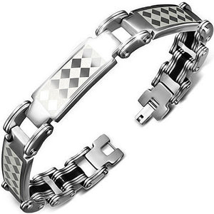 Stainless Steel Black Silver-Tone Checkerboard Mens Link Bracelet with Clasp