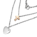 Stainless Steel Rose Gold Silver Double Chain Cross Heart CZ Pendant Necklace