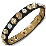 Black Faux PU Leather Gold Alloy CZ Spikes Snap Wristband Adjustable Bracelet