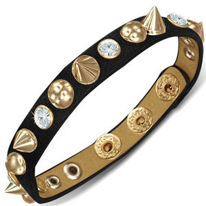 Black Faux PU Leather Gold Alloy CZ Spikes Snap Wristband Adjustable Bracelet