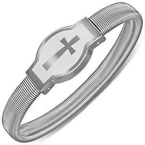 Stainless Steel Silver-Tone Religious Cross Stretch Womens Bangle Bracelet
