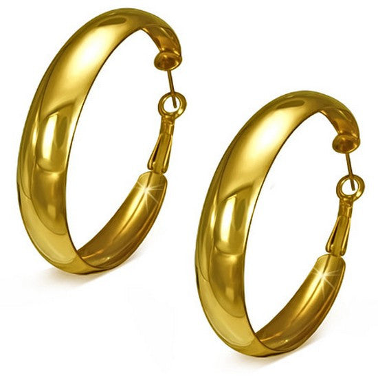 Stainless Steel Yellow Gold-Tone Large Hoop Polished Classic Earrings