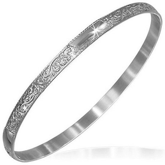 Stainless Steel Silver-Tone Flowers Floral Design Womens Bangle Bracelet