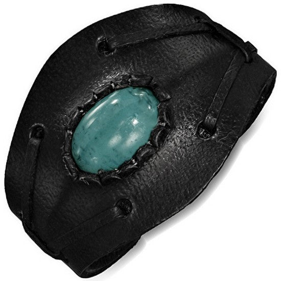 Black Leather Cuff Bangle Simulated Turquoise Womens Bracelet