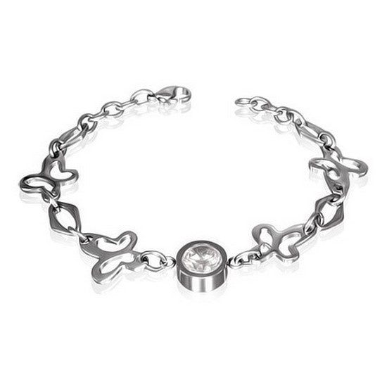 Stainless Steel Silver-Tone Butterfly Bezel-Set White Stone Link Chain Womens Bracelet