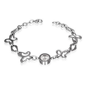 Stainless Steel Silver-Tone Butterfly Bezel-Set White Stone Link Chain Womens Bracelet