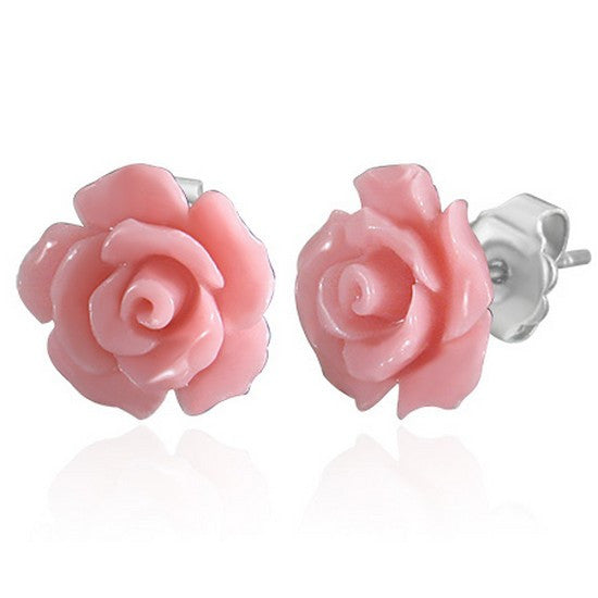 Fashion Alloy Polymer Clay Pink Rose Flower Floral Stud Earrings