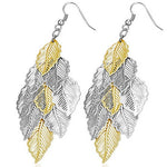 Stainless Steel Two-Tone Leaves Long Dangle Earrings 