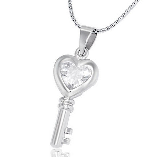 Fashion Alloy Silver-Tone White CZ Key Love Heart Womens Pendant Necklace