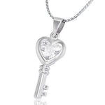 Fashion Alloy Silver-Tone White CZ Key Love Heart Womens Pendant Necklace