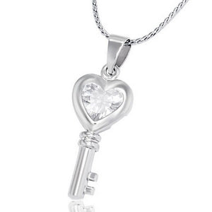 Fashion Alloy Silver-Tone White CZ Key Love Heart Womens Pendant Necklace