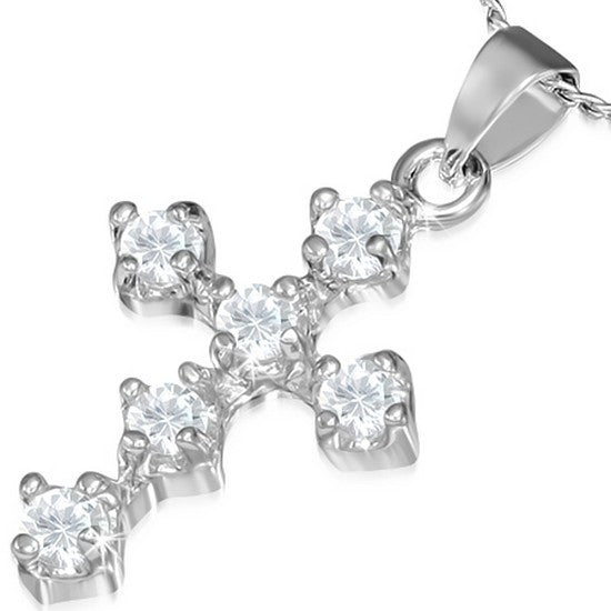 Fashion Alloy Silver-Tone Religious Cross White CZ Womens Pendant Necklace