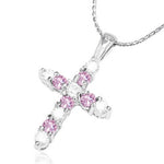 Fashion Alloy Silver-Tone Religious Cross White Pink CZ Pendant Necklace