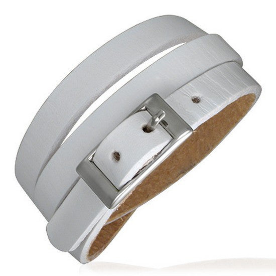 White Leather Alloy Silver-Tone Belt Buckle Wristband Wrap Multi-Layer Bracelet 