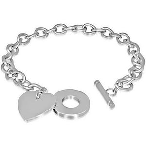 Stainless Steel Silver-Tone Love Heart Circle Charm Womens Link Chain Bracelet