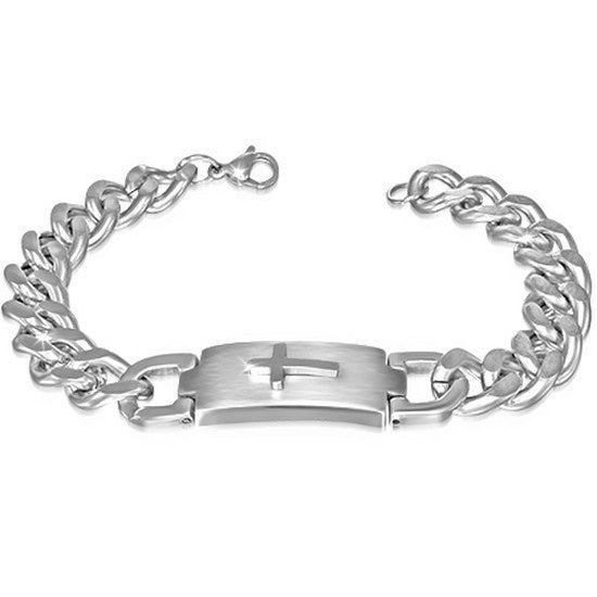Stainless Steel Silver-Tone Mens Religious Cross Link Chain Bracelet with Clasp