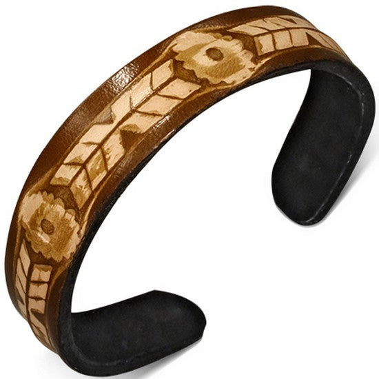 Brown Tan Leather Engraved Cuff Bangle Womens Adjustable Bracelet