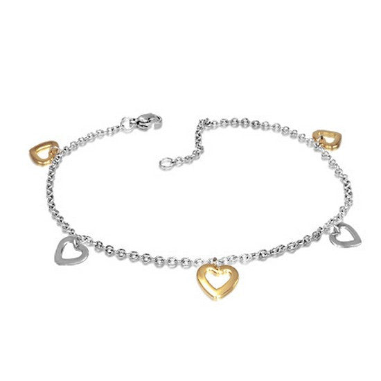 Stainless Steel Silver Yellow Gold-Tone Love Heart Adjustable Anklet Bracelet