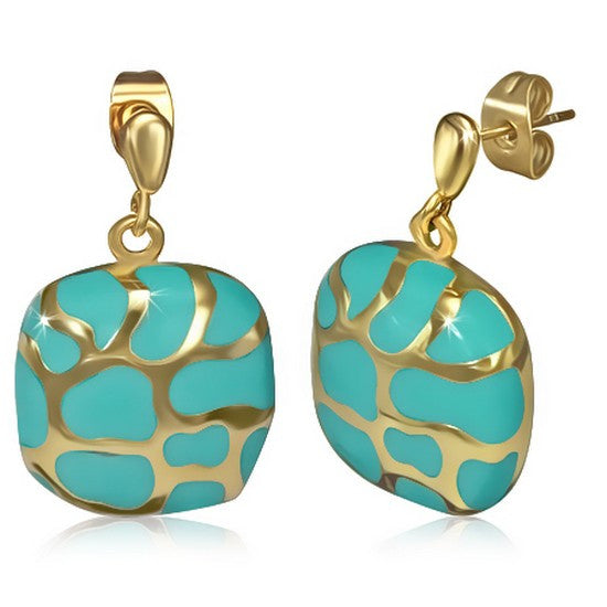 Stainless Steel Blue Yellow Gold-Tone Square Drop Dangle Stud Earrings