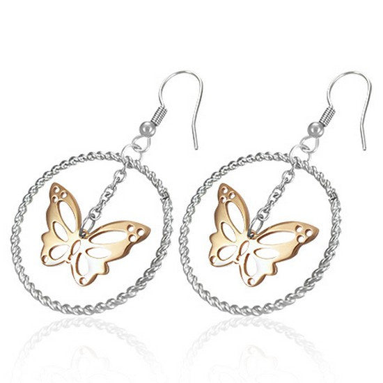 Stainless Steel Silver Rose Gold-Tone Butterfly Drop Dangle Earrings