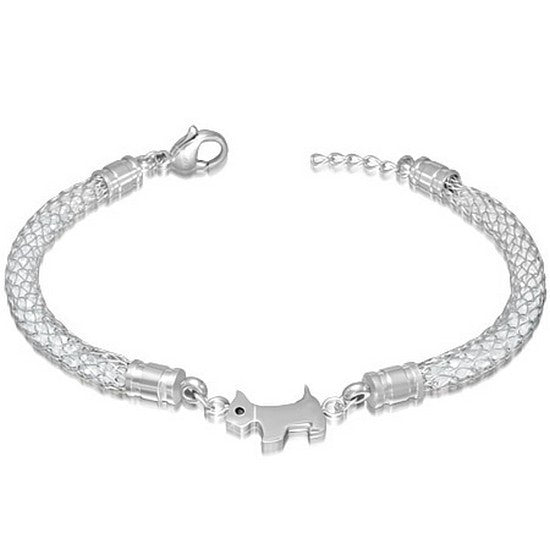 Fine Stainless Steel Silver-Tone White CZ Puppy Dog Mesh Womens Chain Adjustable Bracelet
