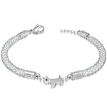Fine Stainless Steel Silver-Tone White CZ Puppy Dog Mesh Womens Chain Adjustable Bracelet