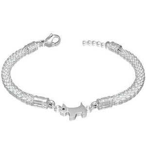 Fine Stainless Steel Silver-Tone White CZ Puppy Dog Mesh Womens Chain Adjustable Bracelet