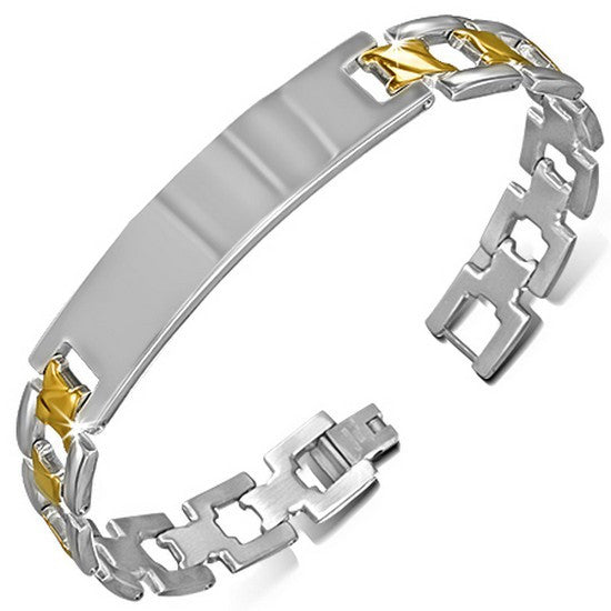 Stainless Steel Two-Tone Name Tag Mens Link Chain Bracelet with Clasp