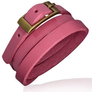 Pink Leather Alloy Silver-Tone Belt Buckle Wristband Wrap Multi-Layer Bracelet 