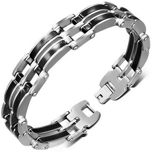 Stainless Steel Silver-Tone Black Mens Link Chain Classic Bracelet with Clasp