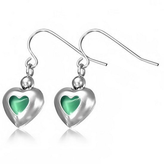 Stainless Steel Silver-Tone Love Heart-Shaped Green CZ Drop Dangle Earrings