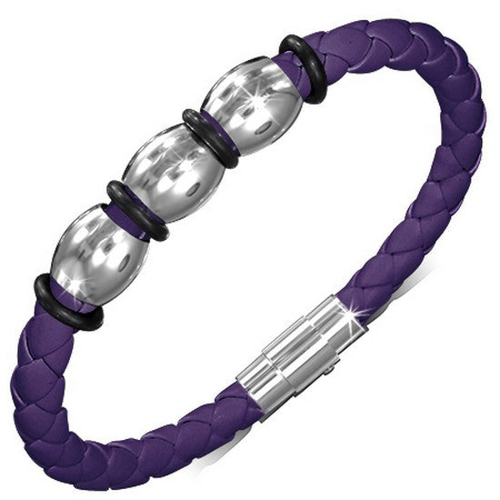 Stainless Steel Purple Braided Faux PU Leather Silver-Tone Mens Womens Wristband Bracelet