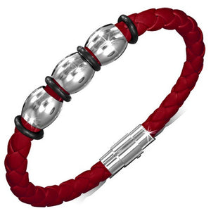 Stainless Steel Red Braided Faux PU Leather Silver-Tone Mens Womens Wristband Bracelet