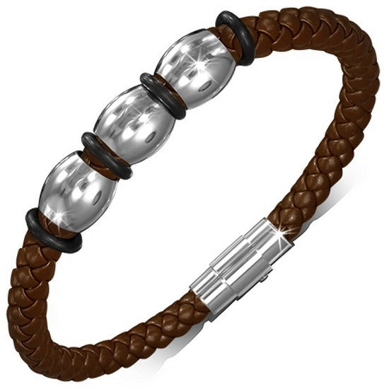 Stainless Steel Brown Braided Faux PU Leather Silver-Tone Mens Womens Wristband Bracelet
