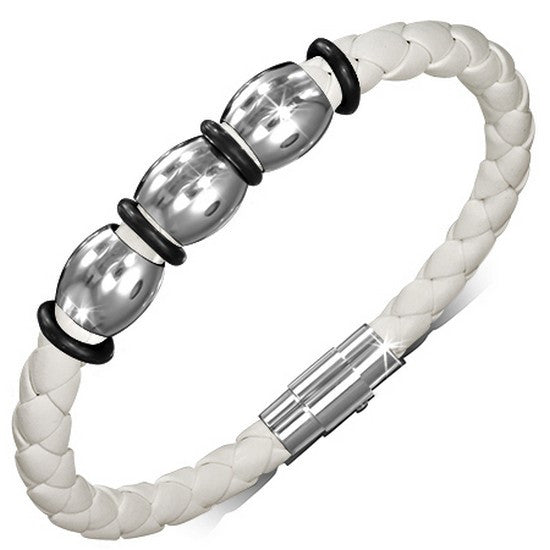 Stainless Steel White Braided Faux PU Leather Silver-Tone Mens Womens Wristband Bracelet