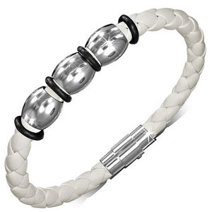 Stainless Steel White Braided Faux PU Leather Silver-Tone Mens Womens Wristband Bracelet