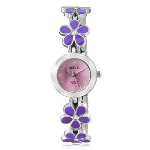 Fashion Alloy Floral Daisy Flower Purple Violet Silver-Tone Round Dial Womens Bracelet Watch