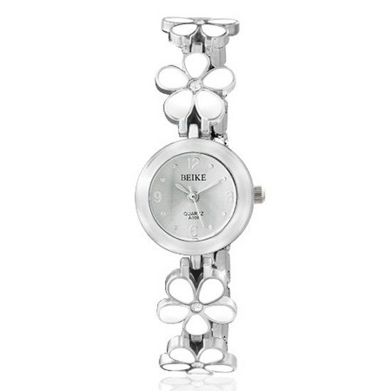 Fashion Alloy Floral Daisy Flower White Silver-Tone Round Dial Womens Bracelet Watch