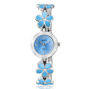 Fashion Alloy Floral Daisy Flower Blue Silver-Tone Round Dial Womens Bracelet Watch