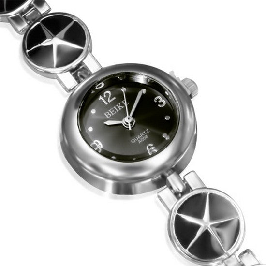 Fashion Alloy Silver-Tone Black Round Dial Womens Bracelet Watch