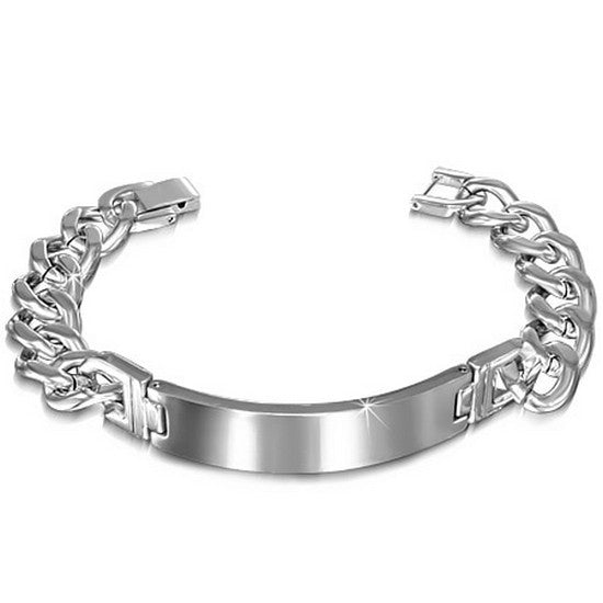 Stainless Steel Link Chain Name Tag Silver-Tone Mens Bracelet