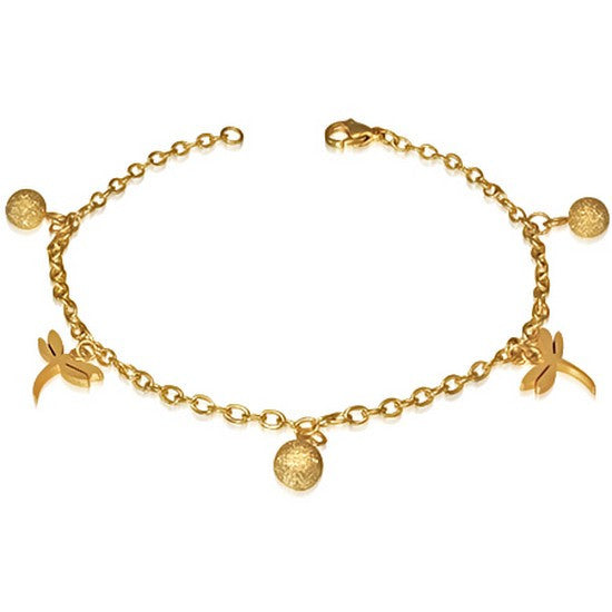 Stainless Steel Yellow Gold-Tone Dragonfly Womens Adjustable Link Chain Bracelet