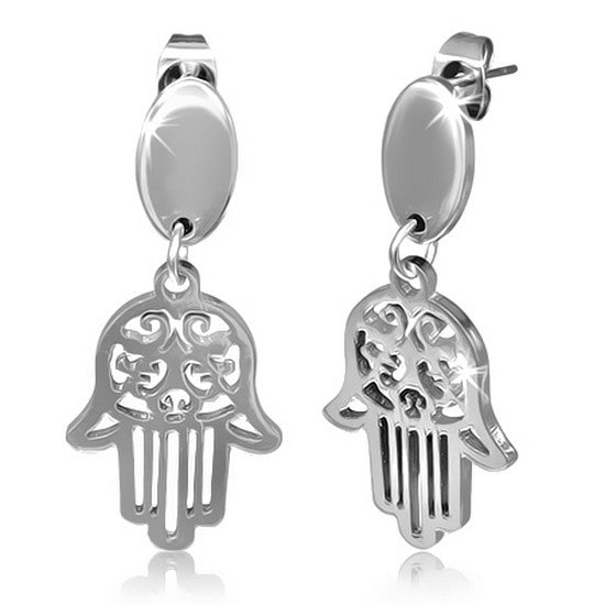 Stainless Steel Silver-Tone Hamsa Evil Eye Stud Dangle Drop Earrings 