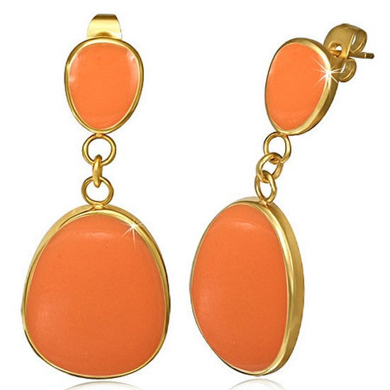Stainless Steel Yellow Gold-Tone Orange Enamel Large Stud Dangle Drop Earrings 